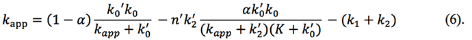 k_app=(1-α)  (k_0'k_0)/(k_app+k_0^' )  -n^' k_2^'  (αk_0^' k_0)/((k_app+k_2^')(K+k_0^'))-(k_1+k_2)   (6)